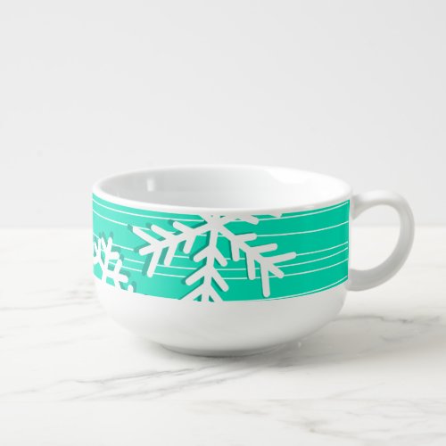 Modern turquoise and white Christmas snowflakes Soup Mug