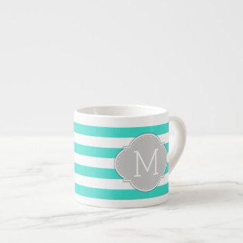 Modern Turquoise And White Stripes With Mongoram Espresso Cup by eatlovepray at Zazzle