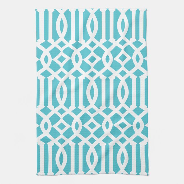 Modern Turquoise and White Trellis Pattern Towel (Vertical)
