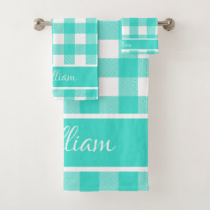 Modern Turquoise Aqua Buffalo Checks Script Name Bath Towel Set