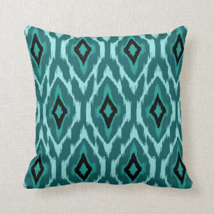 Modern turquoise black teal Ikat Tribal Pattern 1a Throw Pillow