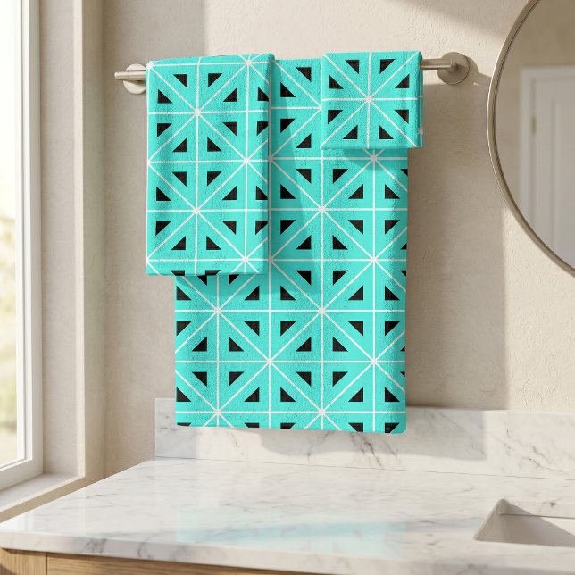 Modern Turquoise Black White Geometric Triangles Bath Towel Set (Creator Uploaded)