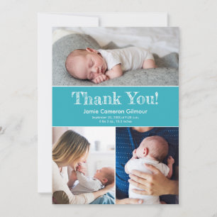 Modern Turquoise Blue 3 Photo Baby shower Birth Thank You Card