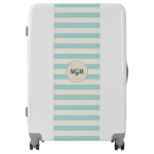 Modern Turquoise Blue and Cream Striped Monogram Luggage
