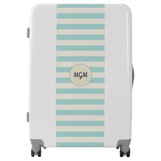 Modern Turquoise Blue and Cream Striped Monogram Luggage (Front)