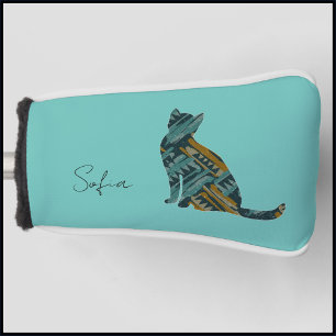 Modern Turquoise Blue and Gold Cat  Golf Head Cover