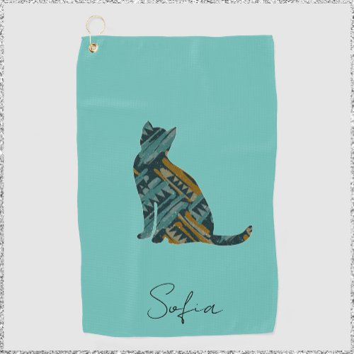 Modern Turquoise Blue and Gold Cat Golf Towel