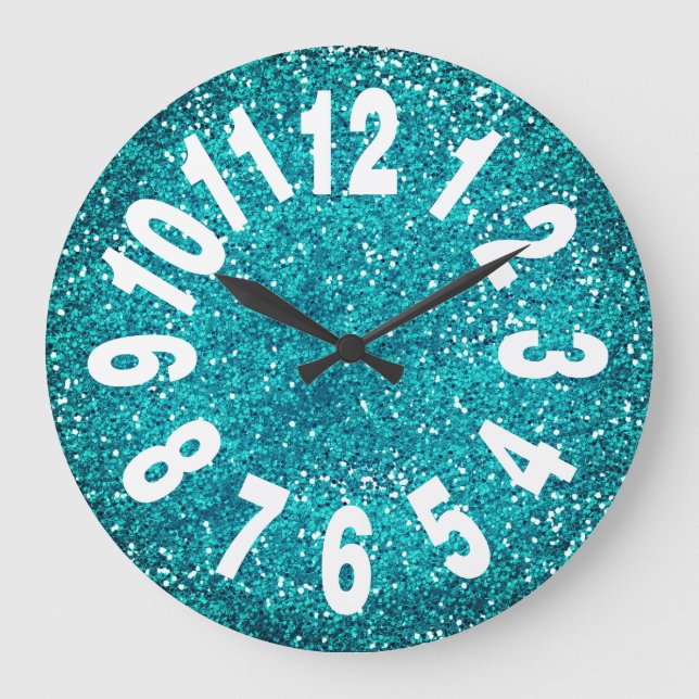 Modern Turquoise Blue Glitter Large Numbers Clock (Front)
