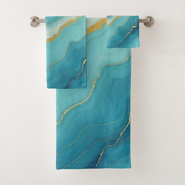 Modern Turquoise Blue Gold Marble Collection Bath Towel Set (Insitu)