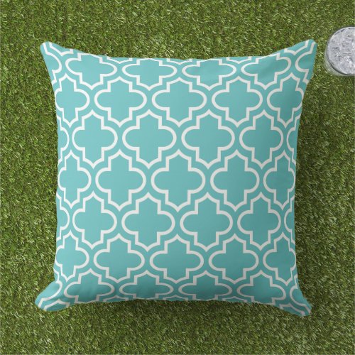 Modern Turquoise Blue Moroccan Quatrefoil Pattern Outdoor Pillow