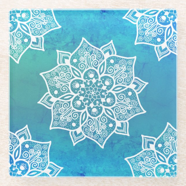 Modern turquoise blue ombre watercolor mandala glass coaster (Front)