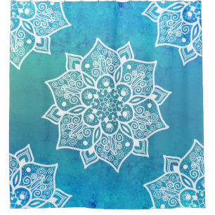 Modern turquoise blue ombre watercolor mandala shower curtain