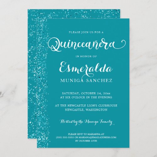 Modern Turquoise Blue Silver Sparkle Quinceanera Invitation