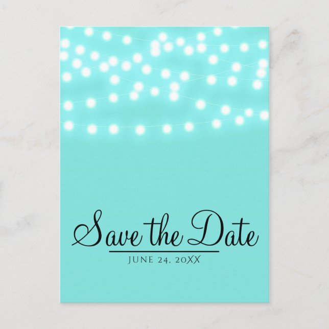Modern Turquoise Blue String Lights Save the Date Announcement Postcard (Front)