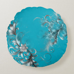 Modern Turquoise Blue with Ornate Silver Round Pillow