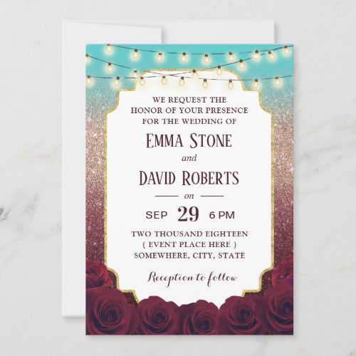 Modern Turquoise Burgundy Rose Gold Ombre Wedding Invitation