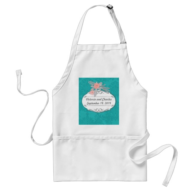 Modern Turquoise  Chartreuse Damask Wedding Adult Apron (Front)