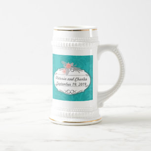Modern Turquoise Chartreuse Damask Wedding Beer Stein