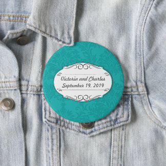Modern Turquoise Chartreuse Damask Wedding Button