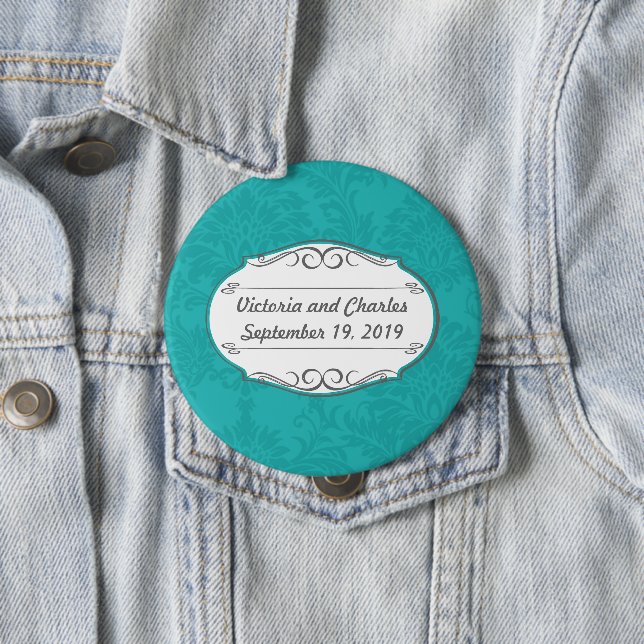 Modern Turquoise  Chartreuse Damask Wedding Button (In Situ)