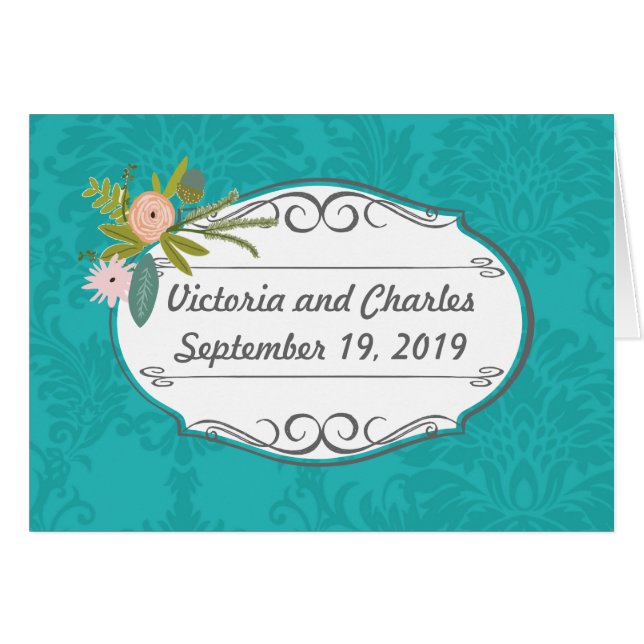 Modern Turquoise  Chartreuse Damask Wedding Cards (Front Horizontal)