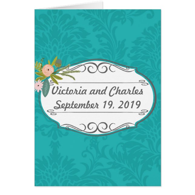 Modern Turquoise  Chartreuse Damask Wedding Cards (Front)