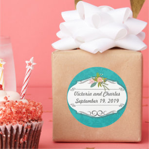 Modern Turquoise  Chartreuse Damask Wedding Classic Round Sticker