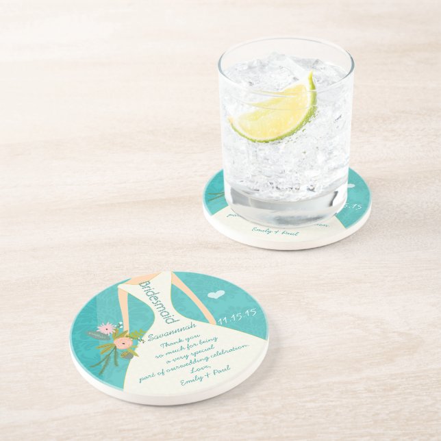 Modern Turquoise  Chartreuse Damask Wedding Drink Coaster (Side)