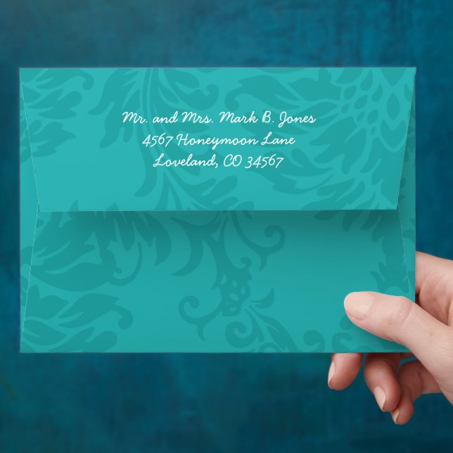Modern Turquoise  Chartreuse Damask Wedding Envelope (Hand)