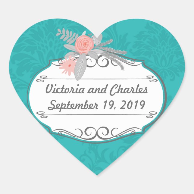 Modern Turquoise  Chartreuse Damask Wedding Heart Sticker (Front)