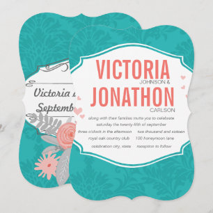 Modern Turquoise  Chartreuse Damask Wedding Invitation