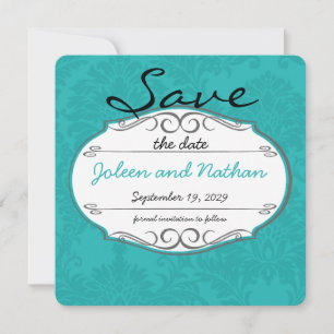 Modern Turquoise Chartreuse Damask Wedding Invitation