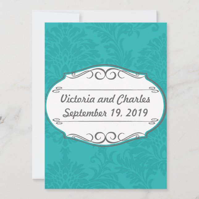 Modern Turquoise  Chartreuse Damask Wedding Invitation (Front)