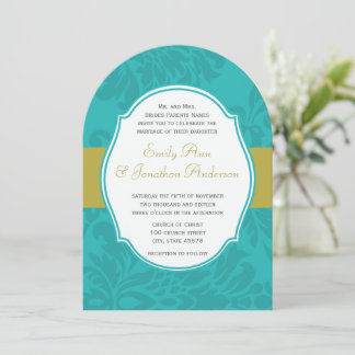 Modern Turquoise  Chartreuse Damask Wedding Invite
