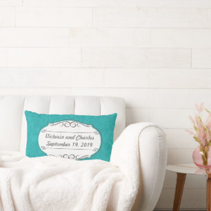 Modern Turquoise Chartreuse Damask Wedding Lumbar Pillow