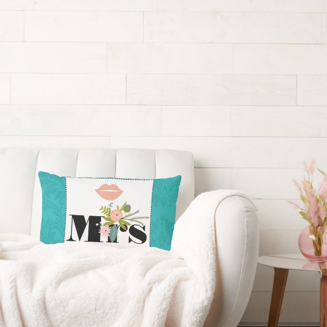 Modern Turquoise  Chartreuse Damask Wedding Lumbar Pillow (Couch)