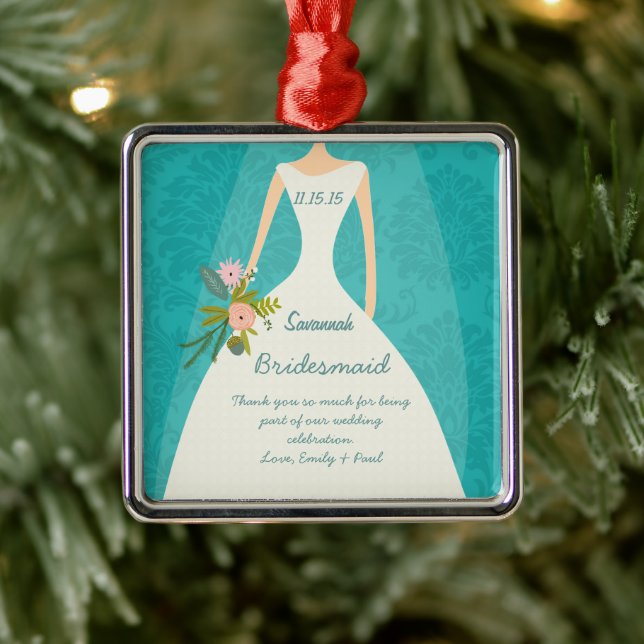 Modern Turquoise  Chartreuse Damask Wedding Metal Ornament (Tree)