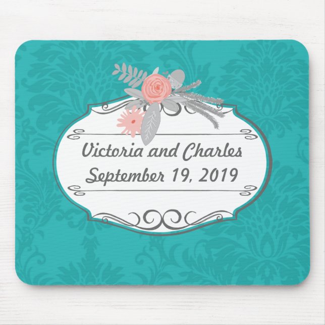 Modern Turquoise  Chartreuse Damask Wedding Mouse Pad (Front)
