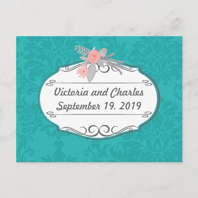 Modern Turquoise  Chartreuse Damask Wedding Postcard (Front)