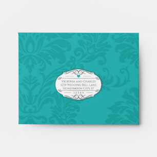 Modern Turquoise Chartreuse Damask Wedding RSVP Envelope