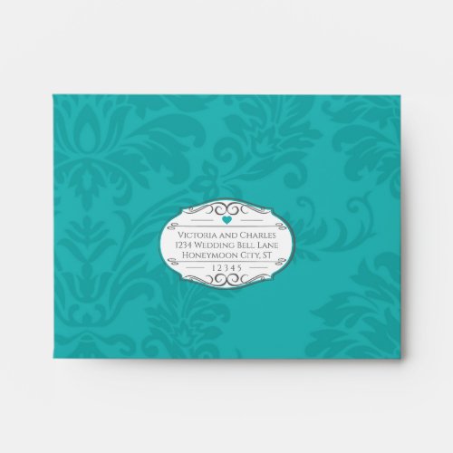 Modern Turquoise  Chartreuse Damask Wedding RSVP Envelope