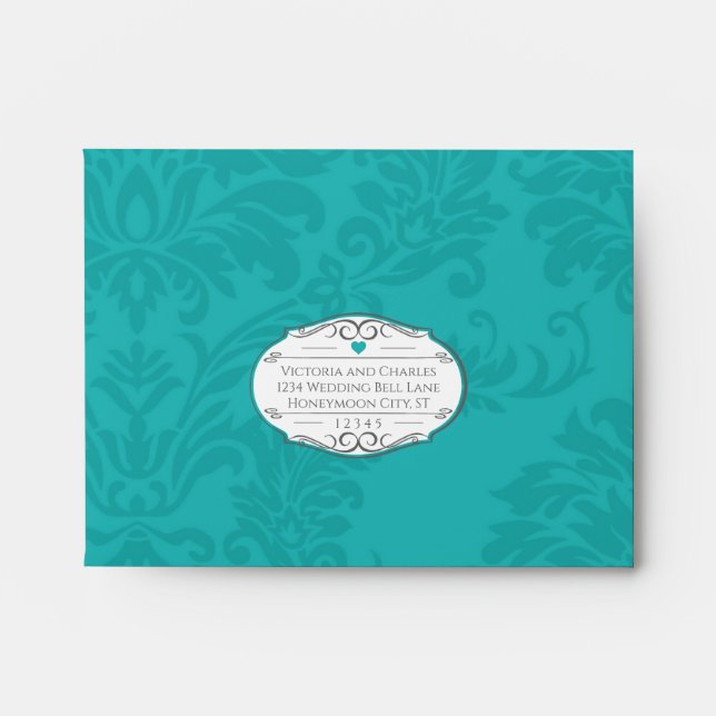 Modern Turquoise  Chartreuse Damask Wedding RSVP Envelope (Front)