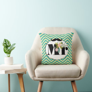 Modern Turquoise Chartreuse Damask Wedding Throw Pillow