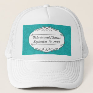 Modern Turquoise Chartreuse Damask Wedding Trucker Hat