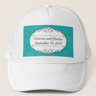 Modern Turquoise  Chartreuse Damask Wedding Trucker Hat