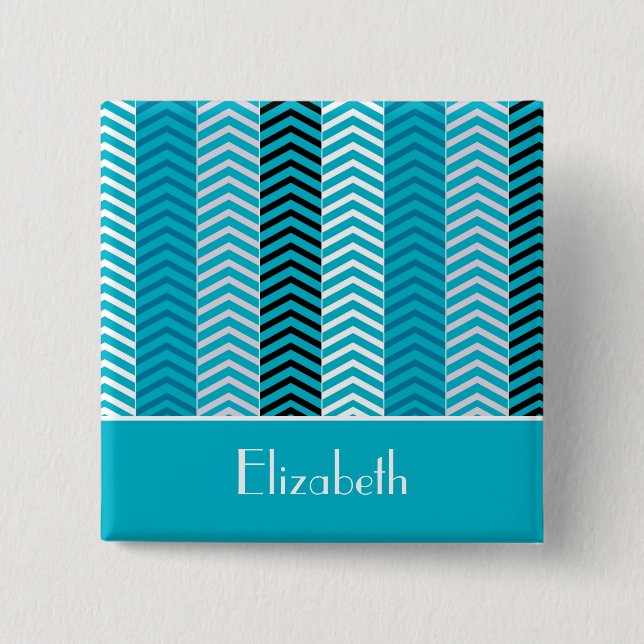 Modern Turquoise Chevron Stripes With Name Pinback Button (Front)