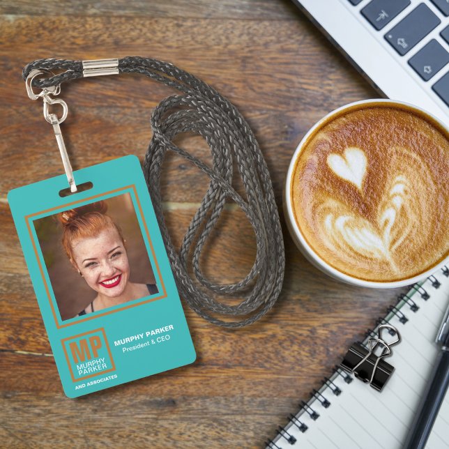 Modern Turquoise Copper Square Monogram Logo Photo Badge (Creator Uploaded)