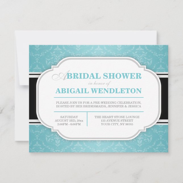 Modern Turquoise Damask Bridal Shower Invitations (Front)