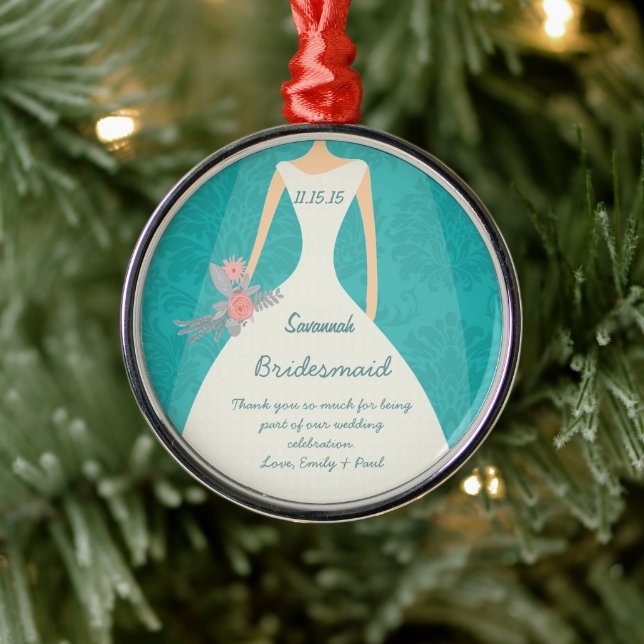 Modern Turquoise Damask Wedding Metal Ornament (Tree)