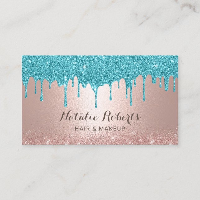 Modern Turquoise Drips Rose Gold Makeup Hair Salon Business Card (Front)